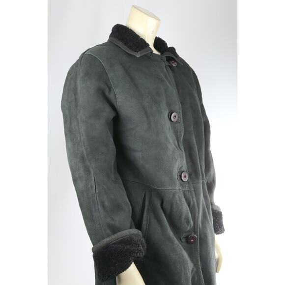 Vintage Dark Green Shearling Suede Coat Warm Winter Leather Trim Jacket Size M - Picture 5 of 16